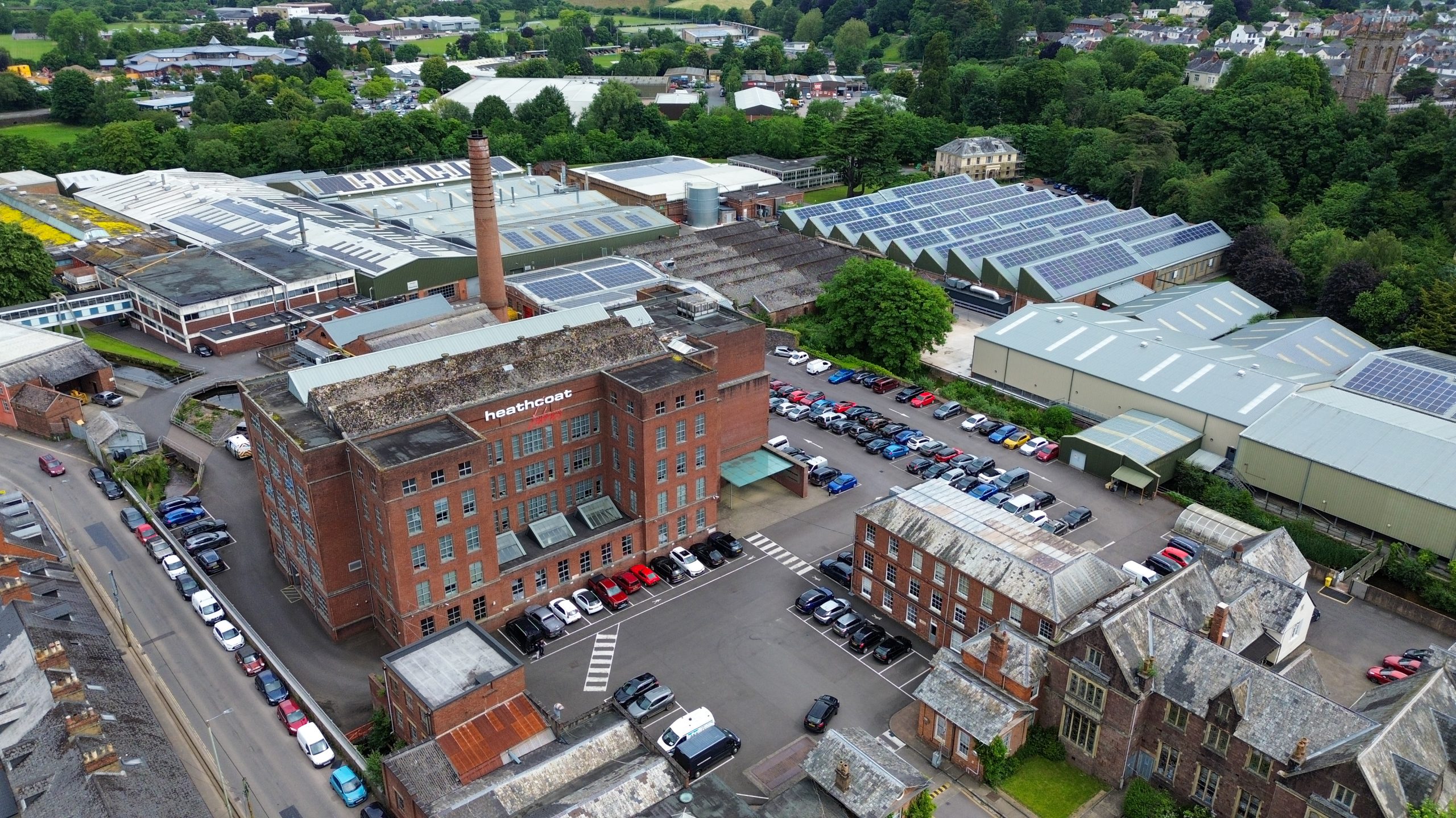 An aerial view of Heathcoat Fabrics as seen from the front of the building