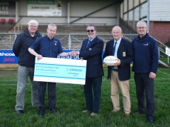 Charles Burt, Chair accepting the donation from Heathcoat Fabrics MD, Cameron Harvie, along with Treasurer, Derek Fargher and Life Member, Steve White
